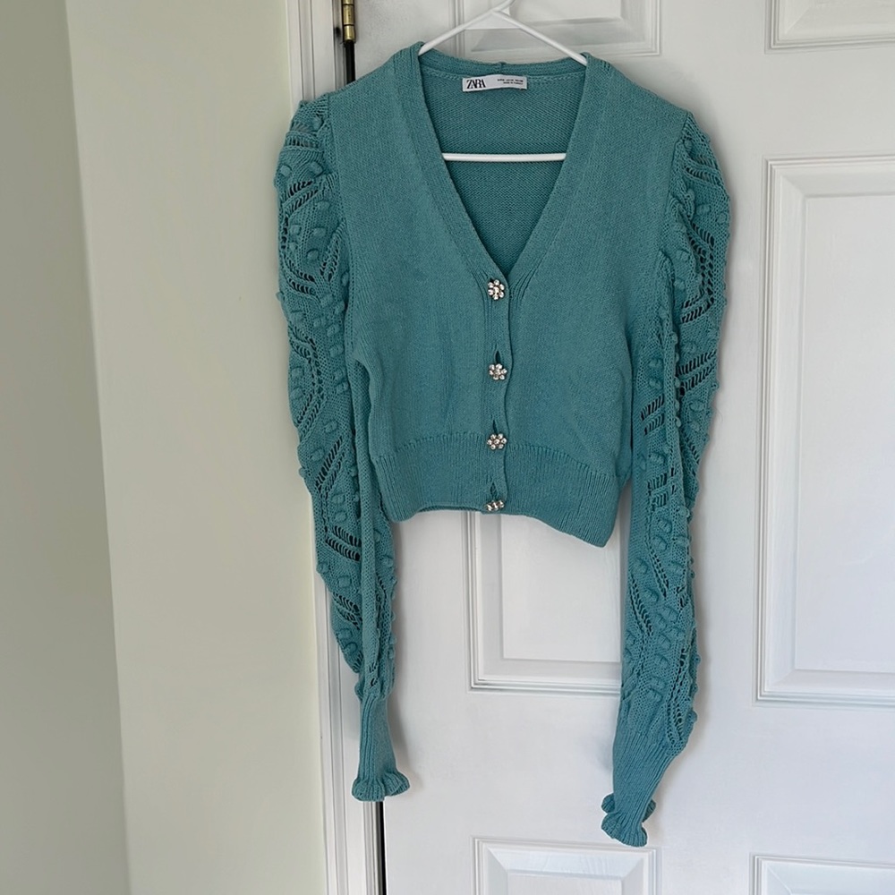 Zara Cropped Blue Knit Cardigan